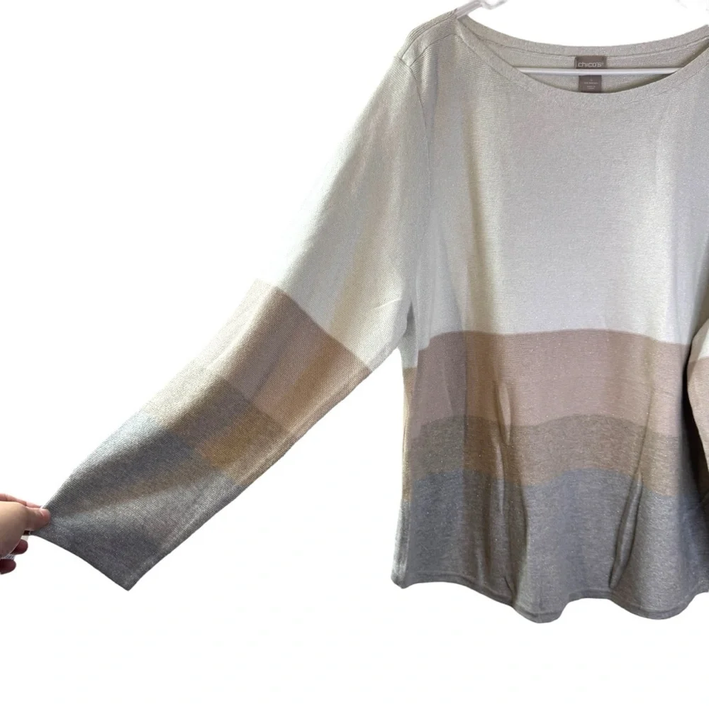 NWT Chicos Metallic Stripe Pullover Sweater neutral long sleeve top Womens XXL - Picture 5 of 13